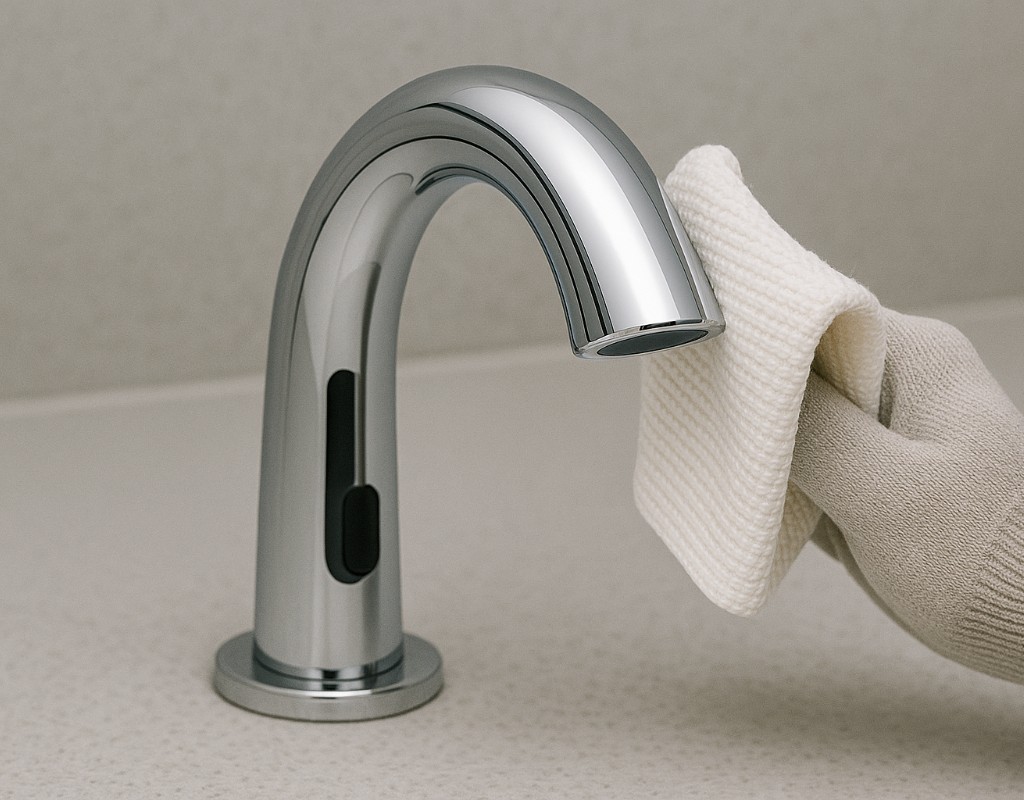 Low‑profile spout with protected sensor window